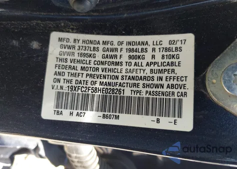 2017 Honda Civic Lx из США, поврежденный, VIN 19XFC2F58HE028261